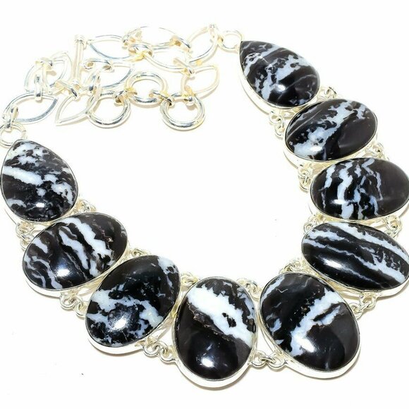 NEW - Zebra Jaspar Stone Sterling Adjustable Necklace - Picture 1 of 6